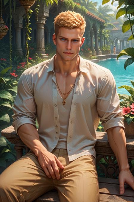 WSBlazkowicz, 1boy, short hair, blonde hair, blue eyes, muscular