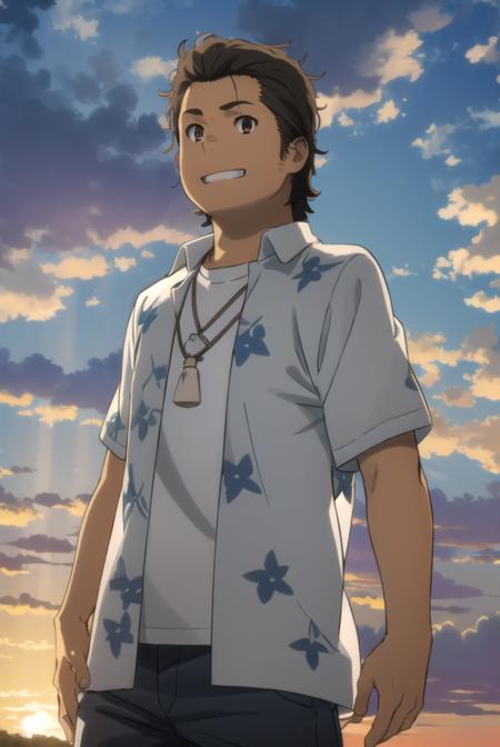 tetsudouhisakawa, <lora:tetsudou hisakawa s1-lora-nochekaiser:1>,
tetsudou hisakawa, black hair, (brown eyes:1.5), male focus, smile, grin,
BREAK shirt, open clothes, pants, necklace, sandals, hawaiian shirt,
BREAK outdoors, house, fields, grass, sky, sun, clouds,
BREAK looking at viewer, (cowboy shot:1.5),
BREAK <lyco:GoodHands-beta2:1>, (masterpiece:1.2), best quality, high resolution, unity 8k wallpaper, (illustration:0.8), (beautiful detailed eyes:1.6), extremely detailed face, perfect lighting, extremely detailed CG, (perfect hands, perfect anatomy),