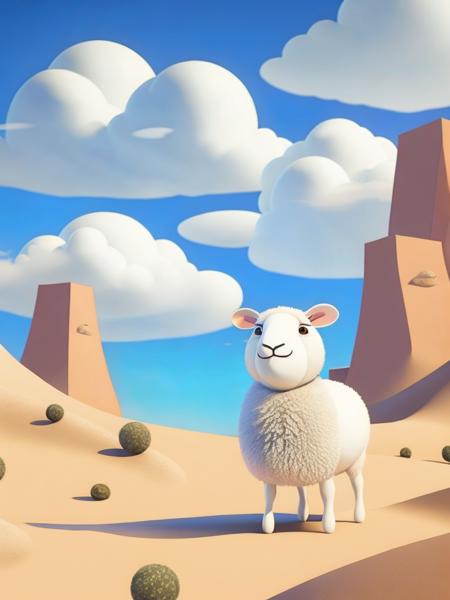 <lora:AardmanAnimations:1>a cartoon sheep standing in the middle of a desert area with clouds in the background by Aardman Animations