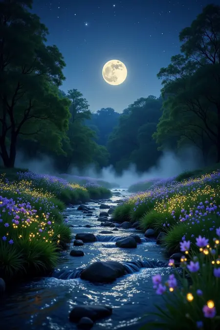 C_Moonlit Natural Landscape_River Scene Generation
