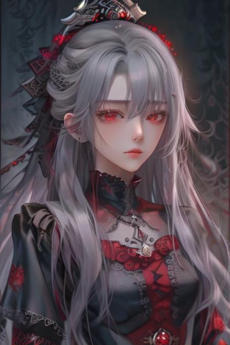 (masterpiece,best quality),ttch,1girl, solo, <lora:ttch:1>, grey hair, cowboy shot, shiny, red  and black theme, <lora:lcm-lora-sdv1-5 :1.0>