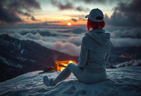 golden rule, perfect quality, 16k, very detailed, highly detailed, realistic, photorealistic, ultra sharp, color full,

on a snowy mountain, cold dark morning, detailed soft glowing clouds. dim red sun behind the horizon, tall mountains in the far background, fog between the mountains, some city lights under the fog, dramatic lighting, dark theme, dark, rimlight, highly detailed, close backshot, low angle, woman, slim, athletic, slender, sitting in front of a fireplace, molten ground, back to the camera, short red glowing hair, warm white jacket, white cap, tight white leggings, white sneakers, white tight gloves, slim body, tight ass, tight legs,