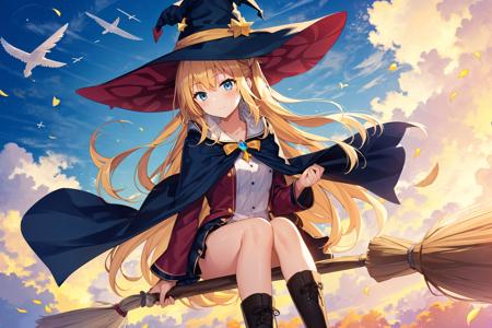 1girl,prt,blonde hair,blue eyes,long hair,one side up, flying, above clouds,witch hat, broom riding, broom, sitting,