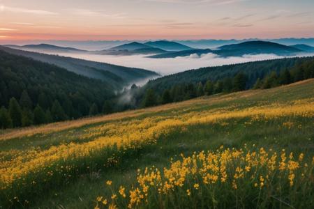 raw photo, a sunset landscape, Carpathian mountains valley temperate forests, Poland forest,  cozy, photorealistic, high detailed texture, 8k uhd, dslr, soft lighting, high quality, film grain, Fujifilm XT3, Sony A7 IV, highly detailed photography, (muted colors, cinematic, dim colors, soothing tones:1.2), vibrant, insanely detailed, hyperdetailed, (dark shot:1.2), (vsco:0.3), (intricate details:0.9), (hdr, hyperdetailed:1.2) (highest coherency: 1.39) (highest quality: 1.39) (rule of Thirds) (award winning) (breathtaking) (masterclass) (vibrant color: 0.79) (foggy: 1.09) (distant hillside) (spring flowers)