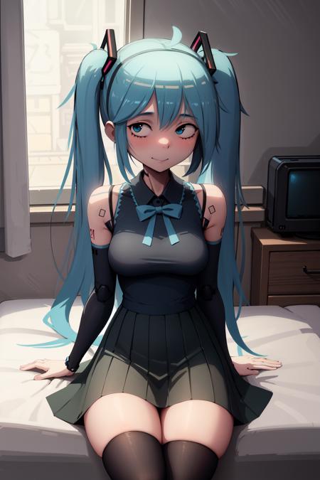 (nradiowave:1.4), (Masterpiece, Best Quality, Highres:1.4), Detailed, Intricate Details, 4K,
1Girl, Solo, Sitting, Hatsune Miku,
Aqua Hair, Twintails, 
Aqua Eyes, Long Eyelashes, Thick Eyelashes, Looking at Viewer,
Happy, Smile, 
Thighhighs, Pleated Skirt, 
Thick Thighs, Skindentation, (Doll Joints:1.2),
Indoors, Room, Bedroom, Sitting on Bed, nradiowave,
 <lora:nradiowave:1.2>