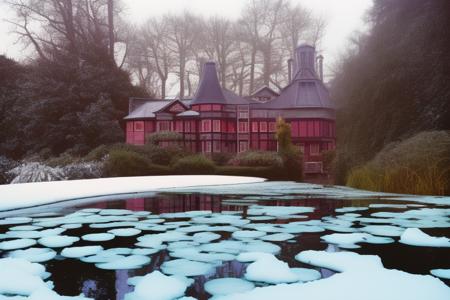 Wide Angle color photo on  Kodak Ektachrome film, (Victorian House:1.2) on a pond, (Shingle Roof:1.4),(snow covered:1.4), Dawn,Water Garden, england