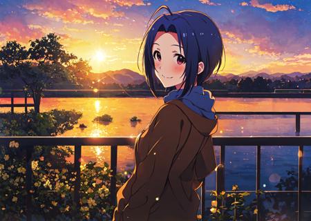 <lora:miura azusa:0.8>,miura azusa,masterpiece,best quality,super fine illustration,1girl,against backlight at dusk,kind_smile,looking_back,light_blush,