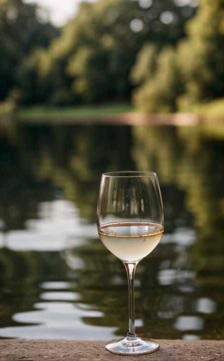 cinematic film still ((best quality)), ((masterpiece)), (detailed), An evocative image featuring a wine glass delicately balanced within a serene pond, reflecting the surrounding scenery. Camera angle: Low-angle shot, capturing the tranquil beauty of the glass resting atop the water's surface, with the lush surroundings reflected in its transparent depths. . shallow depth of field, vignette, highly detailed, high budget, bokeh, cinemascope, moody, epic, gorgeous, film grain, grainy