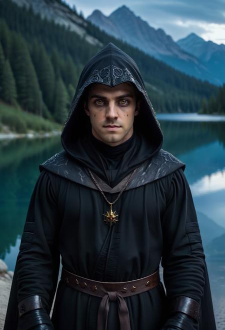 A photo of AndrwTggrt standing by a lake, wearing black robes, hood, detailed face, evil yellow eyes, dark eyes circles, scary, Star Wars, 8k, high quality  <lora:taggartXL-000004:0.7>