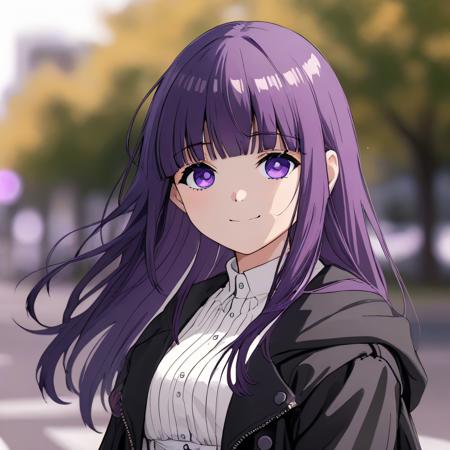 Fern 1girl,solo,long hair,looking at viewer,bangs,shirt,gloves,long sleeves,holding,closed mouth,purple eyes,jacket,white shirt,upper body,purple hair,multicolored hair,frills,hood,blunt bangs,coat,black jacket,black coat