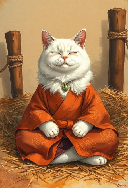 A white cat, resembling a aloha shirt, is seated in a meditative pose, reminiscent of a Zen master. The cat is wearing a traditional Japanese-style kimono, featuring orange and maroon patterns. The kimono's details include an orange obi (sash) and a decorative jewel-like stone on it. The cat's fur is fluffy and long, with a soft, delicate appearance. Its eyes are closed, giving a peaceful and serene expression. The cat's body is positioned in a relaxed, seated posture, with paws resting on its lap. It is centered in the image and facing the viewer directly. The background is a muted, earthy tone, with a depiction of hay or straw, creating a tranquil atmosphere. Wooden posts with rope are visible in the background, contributing to a rustic, serene setting. The lighting is soft and warm, highlighting the cat's features and the kimono's patterns. The overall style is artistic, with detailed brushstrokes and soft color blending. The image exudes a sense of calm and tranquility. fir needle style,