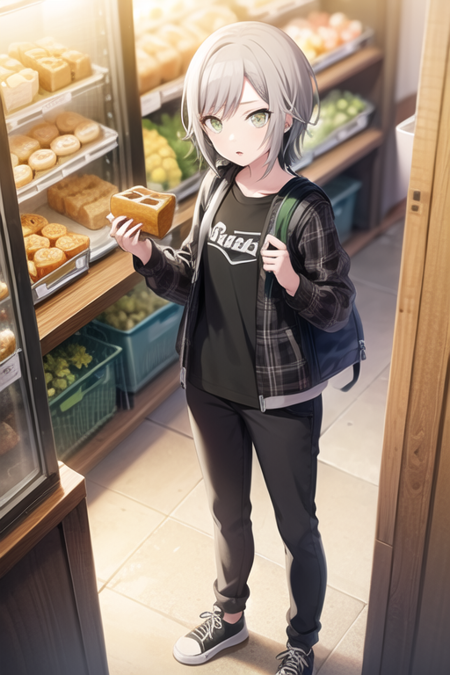 <lora:ShihoV3-07:0.7> , hinoshiho, 1girl, short hair, shirt, long sleeves, holding, green eyes, standing, jacket, grey hair, parted lips, food, open clothes, shoes, pants, indoors, bag, plaid, black shirt, brown footwear, black pants, backpack, sneakers, basket, bread, plaid shirt, shop, instrument case, guitar case, shopping, groceries