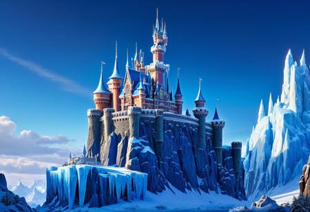 CGI Art, A breathtaking winter disney kingdom fortress perched atop a jagged ice mountain, its crystalline spires gleaming with ethereal blue light against The Afternoon Light, a masterpiece by by Greg Rutkowski, detailed eyes, beautiful spectacular textures and fabrics, striking amazing light and shadows, impressive stunning interior background, remarkable dramatic setting, pixar, stunning unique reflections, highly detailed, sharp focus