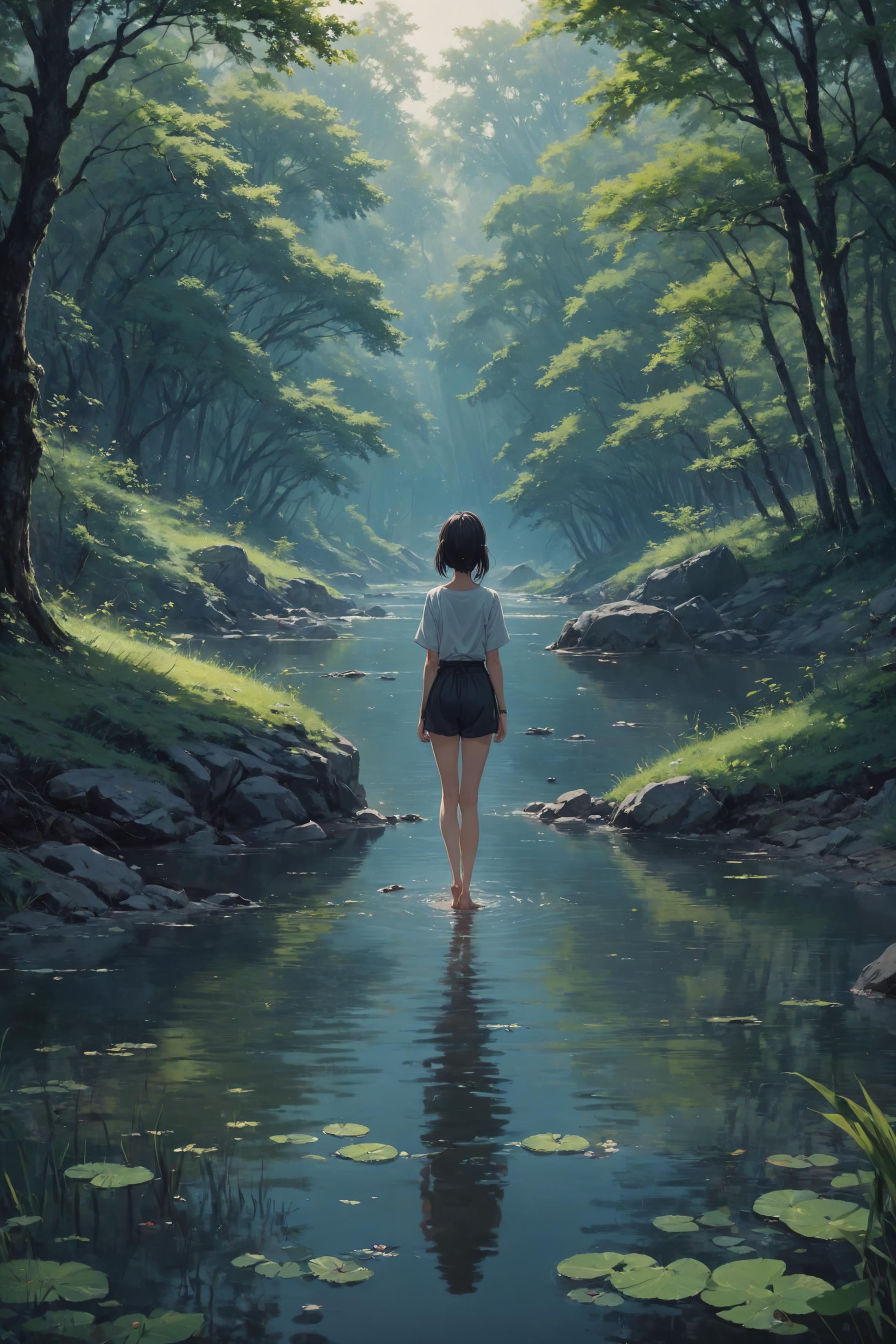 A woman wearing a white shirt and shorts walking through a forest river.