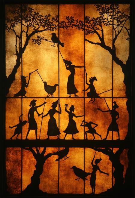 Visualize a traditional Indian shadow puppet theatre performance, rendered as a Cubist stained-glass panorama. Intricately carved leather puppets dance across a backlit screen, casting dramatic shadows. A puppeteerâs hands, partially visible, manipulate the puppets with skill and artistry. The color palette utilizes deep sepia, burnt orange, indigo, and charcoal gray, emphasizing the theatrical lighting and shadow play. Blend photorealistic details â the texture of the leather puppets, the grain of the wooden stage, the intricate details of the shadows â with the geometric abstraction of Cubism. The overall composition should convey a sense of enchanting storytelling, cultural heritage, and the magic of shadow and light, deeply immersed in a dramatic interplay of light and shadow.
