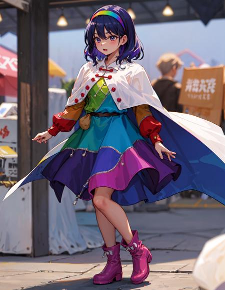 Tenkyuu Chimata, multicolored hairband, multicolored dress, zipper lines (clothes), cape, cloud print, brown bag belt, pink boots, marketplace, 1girl
<lora:Tenkyuu_Chimata_v2.0:0.85>