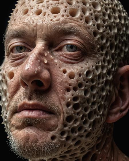 hyperrealistic,photo of man with many holes skin, trypophobia, emerging from the shadows, highly detailed,hdr, hyperdetailed:1.2,cinematic shot,extremely high-resolution details,photographic,realism pushed to extreme,fine texture,incredibly lifelike