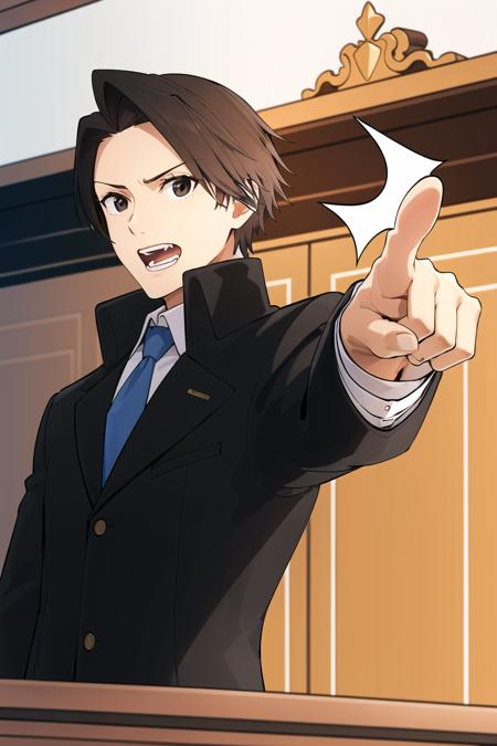 objection, ace attorney,
1boy, black eyes, blue necktie, brown hair, courtroom, cropped jacket, jacket, necktie, open jacket, open mouth, pointing,
<lora:objection:0.7>