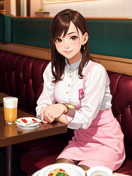 masterpiece, best quality, ultra-detailed, illustration,
AMSC, identity censor, solo, waitress, 1girl, censored, brown hair, realistic, restaurant, photo background, smile, table, indoors, own hands together, jewelry, pink skirt, skirt, pantyhose, chair, 
<lora:AMSC:0.6>