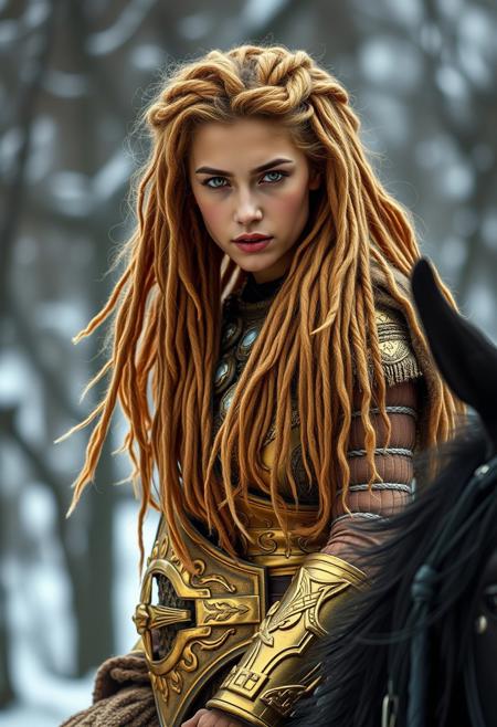 Latina girl, golden hair, gold eyes, golden eyes,
,dreadlocks, lots of hair, golden dreadlocks, Viking girl, Viking themed background, snowy background 
BREAK, 
Dramatic lighting, girl riding black horse, horse on back 2 legs girl on horses back, girl has gold eyes, 
BREAK,
huge natural tits, girl has skimpy gold armor 
BREAK,
big natural boobs, beautiful face, massive tits, thin waist big ass, massive realistic boobs