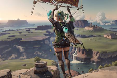 Highly detailed, High Quality, Masterpiece, beautiful, Paragliding, <lora:Paragliding:0.8>, 1girl, solo, arms up, flying, in the air, backview, xbox-chan, ponytail, green hair ribbon, clothing cutout, stomach cutout, cape, thighhighs, gloves, <lora:Char_Meme_Xboxchan:0.9>, (detailed face and eyes:1.3)