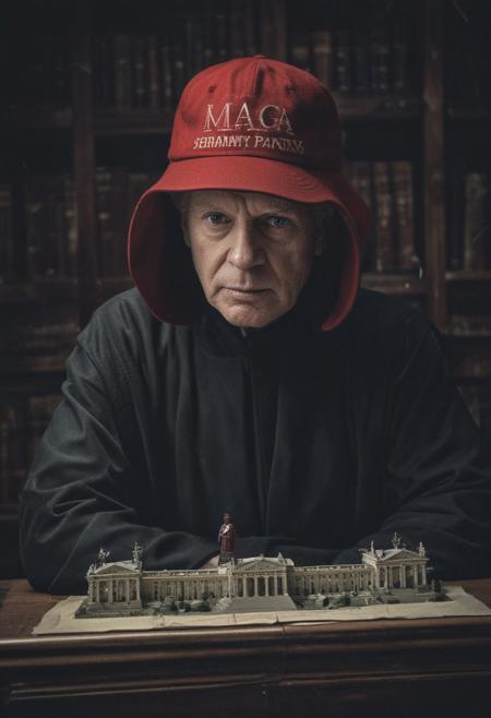 ((Ian McDiarmid in the role of Senator Palpatine) wearing a (red cap with the word "MAGA" clearly printed across the front) in front of the (Galactic Senate)).
 gritty , militaristic, StarWars themed, echo image, sidelit, cinematic photograph, noise offset,  <lora:add-detail-xl:1> , Getty Images quality photograph , double exposure, multiple-exposure photograph, UHD, experimental lighting, experimental angles, strong fisheye-lens/ intense fisheye-view photograph, intricately detailed, very detailed background, realisticvision-negative-embedding, realisticvision-negative-embedding, epiCRealism