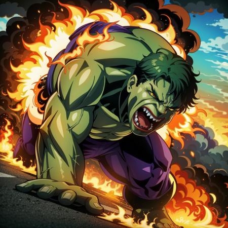 hulk, engulfed in a fiery explosion, roaring with power, open mouth, cowboy shot, streets, day, billowing smoke, intricate details, masterpiece, absurdres, best quality <lora:hulk-000020:0.7>