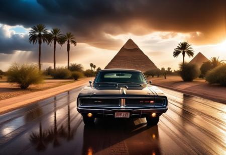 cinematic photo of dodge Charger 1968, magnificent three pyramids of Giza appear clearly, charm, highly detailed car, Professional lighting, full of life, Lively and energetic, 8K, rays of sun flow beyond heavy clouds, HDR, Fast & Furious movie, motion blur, moving tires, Cinematic Shot, Cinematic Lighting, amazing world, pure perfection, Need For Speed, wide angle exterior background, drifting, wet asphalt road, autumn leaves, grass, flowers, jasmine flowers, palm trees, nebula horizon.