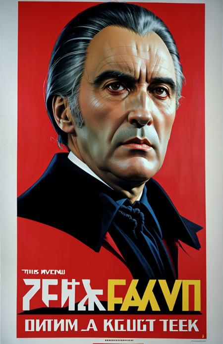 Color street poster, Communist bloc political propaganda, Soviet realism, ChristopherLee_Dracula , campaign, running for office, Governor of Transylvania, mass produced, printed on paper, garish colors <lora:ChristopherLee_Dracula_v1:1> <lora:XenoDetailer_v2:0.3>