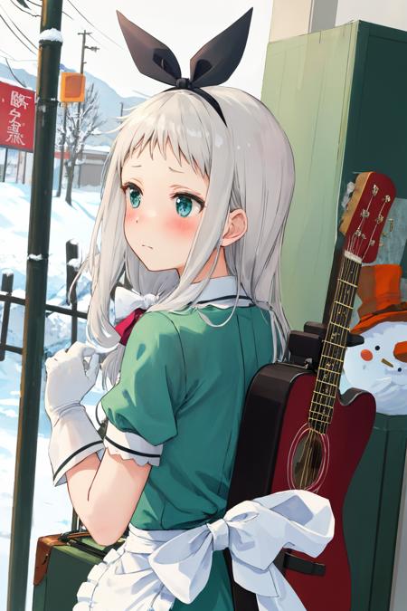 hideridef, otoko no ko, hair bow, black hairband, dress, short sleeves, frills, waist apron, frilled apron, skirt, white gloves, white thighhighs 