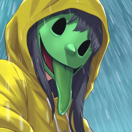 1girl,long smiling mouth green ghost face mask, yellow raincoat,yellow hood, looking down,view from below,in the rain,