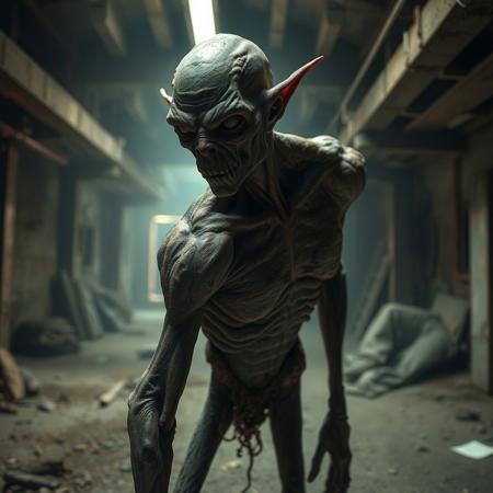 Impossibly thin hulking gangly creature with overtly masculine features, protohuman facial features and pale sticky flesh texture, skulking in the shadows of a sprawling dusty basement environment, photorealistic, hdr, dusk