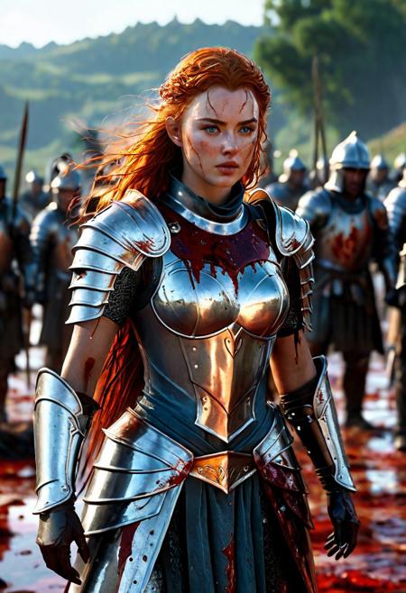 Beautiful Knightess in shiny iron and silver armor, (standing in the middle of a bloody battle on the battlefield: 1.8), fighting pose, wavy red hair, nice dirty and serious face, fantasy, oily skin, full body, athletic figure, beautiful blue eyes, colorful flowers, 8k, ultra realistic, hyper realistic, highly detailed, curves, beautiful perfect close-up pupils, fantasy Lord of the Rings Aesthetic, daylight, fantasy style, high contrast, colorful polychromatic, Beautiful Sadie Sink as Knightess on in armor, beautiful firm Breasts, defiant and seductive, wet oily shiny skin, ultra detailed, (Intricately Designed dirty bloody face: 1.3),  dramatic lighting, wet and sweaty skin, dirty skin, Cinematic clorful lighting, realistic body and face, Photograph Taken on Nikon D750, Intricate, Elegant, Digital Illustration, Scenic, Hyper-Realistic, Unreal Engine, CryEngine, Octane Render, Artgerm, WLOP, Greg Rutkowski, 8k ultra high resolution concept art, hyper-defined, sharp focus, echoing, (hyperdetailed body and face: 1.3), Atrractive, Atrractive 25 years old woman, attractive bust girl, asymmetric balance