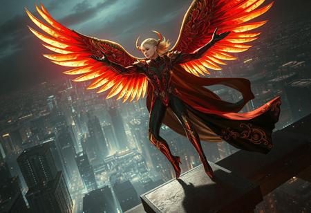 Dynamic Shining Angel in vibrant red & black suit, opulent gold filigree, flowing black cape, poised on platform above nocturnal cyberpunk city. Arms outstretched, action pose. Cinematic volumetric lighting, ethereal glow. Octane render, Unreal Engine 5, Raphael influence, Houdini style, Grammer effect, matte painting. Ultra detailed, 4K, intricate textures. Epic dynamic angle, golden ratio, trending on Artstation, CGSociety.