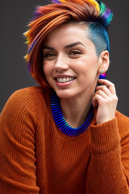 face closeup photo of anamr <lora:AnaDeArmasV2Dogu:1> smiling,   by Flora Borsi, style by Flora Borsi, bold, bright colours, (rainbow colored Mohawk haircut:1.25), (Flora Borsi),