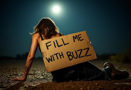 full figure shoot of 30 years old sexy woman, dog position , from behind with head turned to viewer, wearing vagabond clothes, nasty halley scene, holding a cardboard that says "FILL ME WITH BUZZ" moonlight illuminate the scene