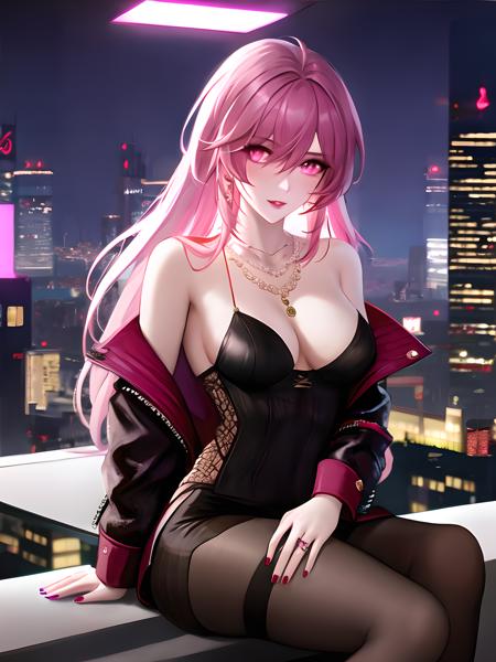 <lora:Chelsea_V6-000010:0.7>,chelsea,chelsea_skirt,(masterpiece:1.4),(best quality:1.4),1girl, solo,cyberpunk,bare shoulders,dress,black pantyhose,bare arms,cityscape, jewelry, necklace, nail polish,neon lights,pink hair