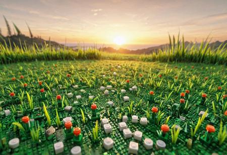 close to camera is grass made of lego bricks, which slowly fades into a beautiful natual landscape on a sunset, focus on the distant landscape