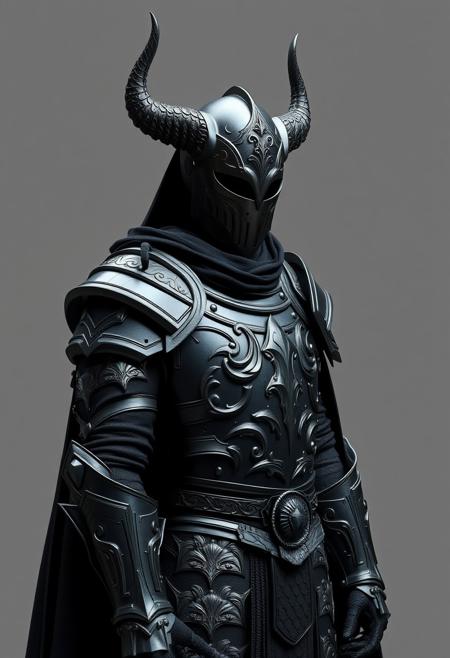 gothic knight with ultra realistic and hyper detailed dark armor + beautiful horned helmet + long black cape + grey background, 8k , octane render