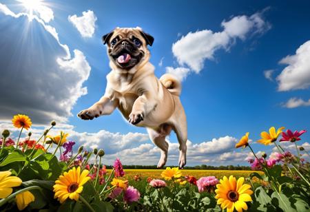 Highly detailed photograph of a pug puppy leaping through the air above a field of colorful flowers. Side view. Floppy ears, big eyes, very cute, very happy, joyful. Blue sky with fluffy clouds. Bright sun, god rays.