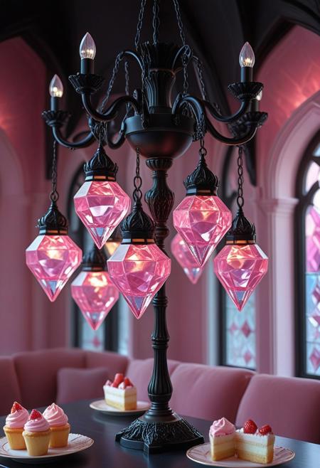 8k, score_9, score_8_up, score_7_up,masterpiece,realistic,ultra detailed, vibrant colors,photo-realistic,DSLR,rp_slgd,
(A world made of crystals:1.5),
Three pink teacup-shaped stained glass lamps, (detailed design:1.2), (decorative metalwork:1.2), hanging from a black metal chandelier frame, (ornate design:1.2), in a pink diamond-patterned room.  Lamps have (pink stained glass:1.1), with (metallic accents:1.1).  The room is filled with a (pastel pink and mauve color palette:1.2).  A table laden with sweets, cakes, and pastries (strawberry tart, multi-layered cake:1.1), is centered in the frame.  Decorative figurines (decorative figurines:1.2), are placed on the table. Soft lighting, (photorealistic style:1.1), (pastel color scheme:1.1), (fairytale atmosphere:1.1).  Overhead view of the room's interior, (perspective:1.2).  The focus is on the chandelier and associated desserts.  Close-up shot.