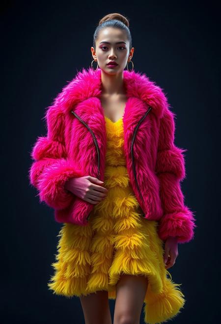A cinematic-style photo of a top model wearing a designer outfit entirely made of fluffy molds in vibrant saturated colors. The outfit includes a jacket, a dress, and gloves. The model is standing against a plain dark background. The lighting is dramatic, with a spotlight on the model. The image is professionally color-graded and taken with a top-quality DSLR camera. The photo has high contrast, is 16k, and has intricate sharp details. The colors are ultra high saturation.