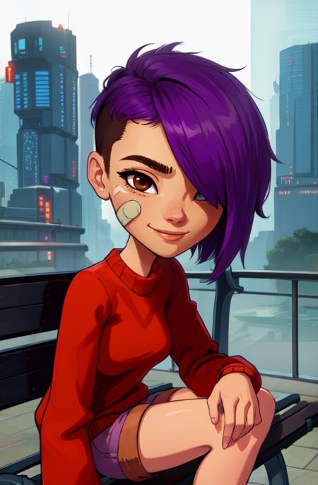 mai, short hair, bandaid on face, purple hair,  hair over one eye,  brown eyes, 
red sweater,  orange shorts,   
upper body,  benches,  sitting, 
cyberpunk,  soccer field, morning,   light smile, 
(insanely detailed, beautiful detailed face,beautiful detailed eyes, masterpiece, best quality) 
 <lora:maisu:0.7>