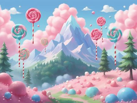 Cartoon-style mountain landscape with fluffy clouds, dotted with lollipops and marshmallows in varying shades of pink and blue, landscape dominated by pastel hues, candy-themed elements whimsical scattered throughout, marshmallows appear soft-textured and lollipops have a glossy sheen, pink and blue skies contrasting with the greenery, high saturation, playful color scheme, digital painting, <lora:CartoonStyle_Hap_XL:1.5>,cartoon style,anime,masterpiece,UHD,perfection,perfect,detailed, <lora:add-detail-xl:0.01> ,<lora:hand 4:0.00001> ,<lora:OverallDetailXL:0.0001>, <lora:detailed_notrigger:0.0001> ,<lora:xl_more_art-full_v1:0.01>, <lora:XDetail_light:0.00001> ,<lora:perfection style:0.00001>, <lora:age:0.00001>,