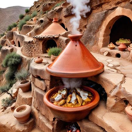 a mountainside kitchen carved into a cliff face, shelves filled with ancient tagines of all sizes, glazed in earthy hues from ochre to garnet, steam rising from a central hearth shaped like a massive clay pot, goats passing silently outside the window, Tagine
