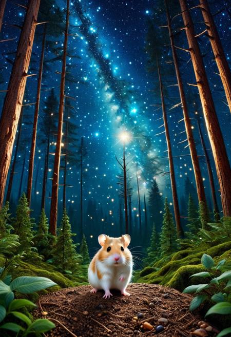 CosmicStyle,space,fantasy,Shimmering stars,starlight ,animal, hamster,full view,masterpiece, best quality, amazing quality, aesthetic,outdoor,trees,fantasy,forest