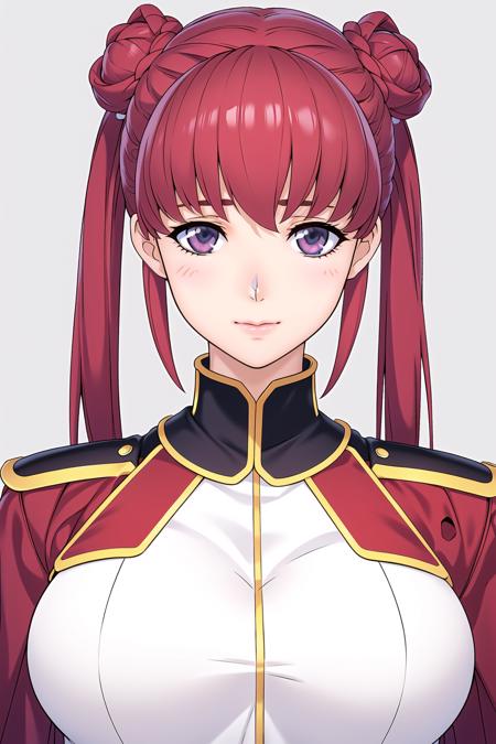 Simple White Background,
Red Outfit,military uniform, military ,
<lora:Haman_Karn_CDA-KK77-V1:0.7>,
pink hair, blue eyes, Bangs,braid, Hair buns,twintails, twin braids,
<lora:Oda_Non_Style-KK77-V2:0.1>,<lora:more_details:0.1>,
1 girl, 20yo,Young female,Beautiful Finger,Beautiful long legs,Beautiful body,
Beautiful Nose,Beautiful character design, perfect eyes, perfect face,expressive eyes,perfect balance,
looking at viewer,(Focus on her face),closed mouth, (innocent_big_eyes:1.0),(Light_Smile:0.3),
official art,extremely detailed CG unity 8k wallpaper, perfect lighting,Colorful, Bright_Front_face_Lighting,White skin,
(masterpiece:1.0),(best_quality:1.0), ultra high res,4K,ultra-detailed,
photography, 8K, HDR, highres, absurdres:1.2, Kodak portra 400, film grain, blurry background, bokeh:1.2, lens flare, (vibrant_color:1.2),professional photograph,
(Beautiful,large_Breasts:1.4), (beautiful_face:1.5),(narrow_waist),