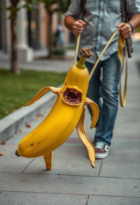 A banana on a leash being walked by its owner. The owner is holding a leash and walking their pet banana through town. The banana is vicious and snarling with its teeth exposed, attempting to attack the viewer. The owner is holding the leash tight while trying to prevent the vicious banana from harming the viewer.
