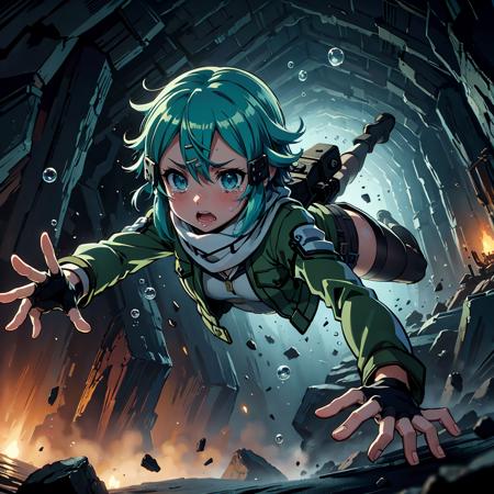 masterpiece,best quality,highly detailed,1girl,solo,scared,panicking,crying,crying with eyes open,tears,tearing up,screaming,
<lora:sinon_v5:0.7>, sinon1,scarf,fingerless gloves,long sleeves,short shorts,hair ornament,hairclip,green thighhighs,green jacket,thigh strap,
BREAK
<lora:escapingCave:0.4>,caveDiving,(diving,air bubble),floating,swimming,cave,debris,dark,dark theme,full body,foreshortening,reaching out viewer,bubble,holding breath,pout,