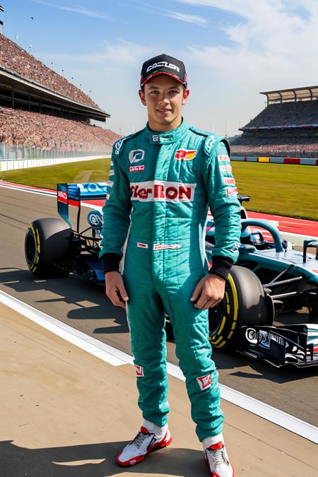 Formula One racetrack, ((standing next to a Formula One race car)), FabianHambuechen wearing a Formula One racing suit, ((holding helmet in hands)), (((full body portrait))), wide angle <lora:FabianHambuechen:0.8>